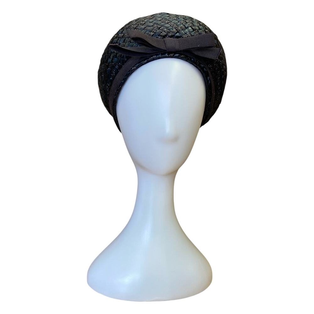 1960s Navy Blue Straw Pillbox Hat | Union Made Vintage Church Cocktail Hat - Picture 2 of 7